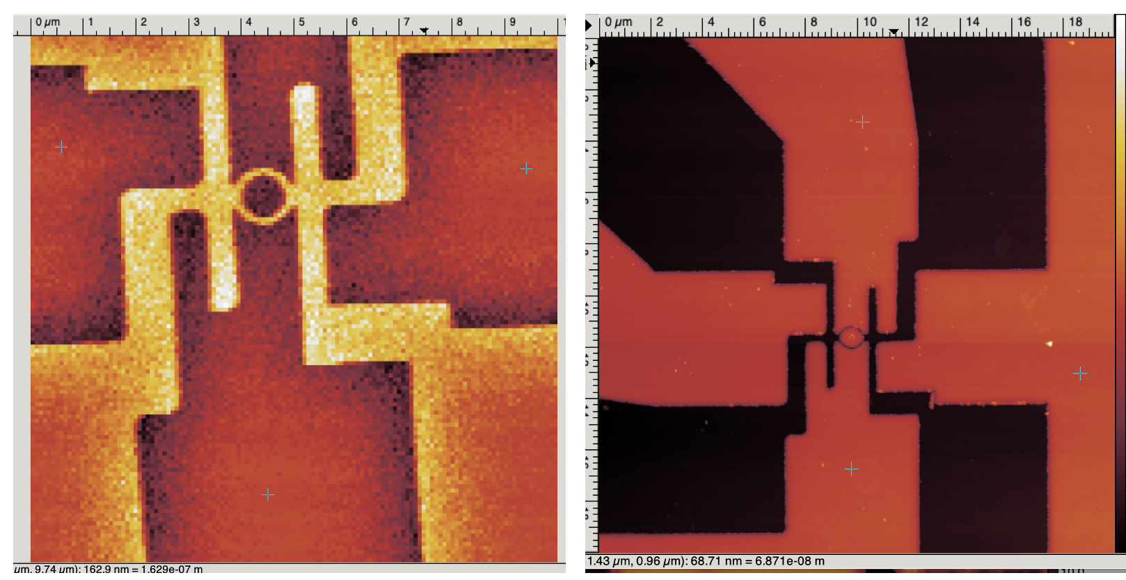 AFM images of superconducting ring devices at different scan sizes